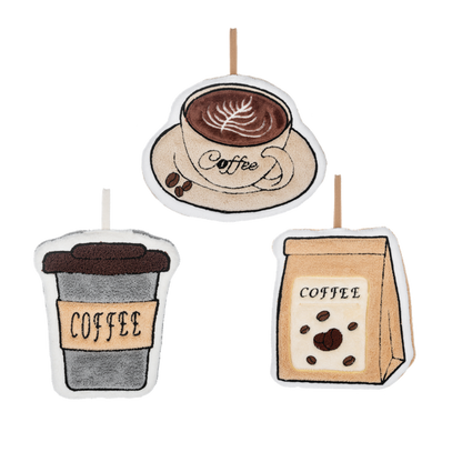Coffee Decorative Hand Towels in crisp white, each with embroidered designs: a steaming coffee cup with latte art, a to-go cup, and a bag of beans labeled “COFFEE.” Available sizes: 16″x28″.