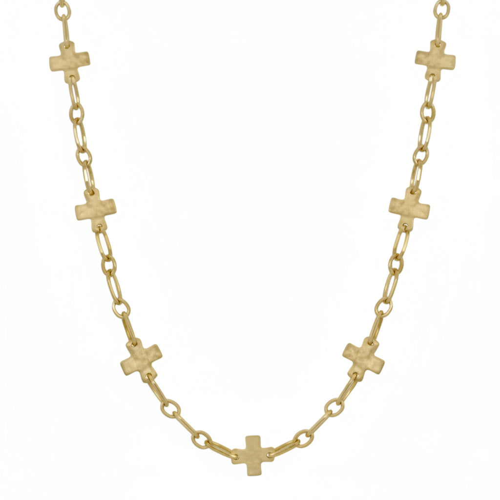 Cat Gold Necklace with evenly spaced small cross-shaped charms on oval links. Available in multiple sizes.