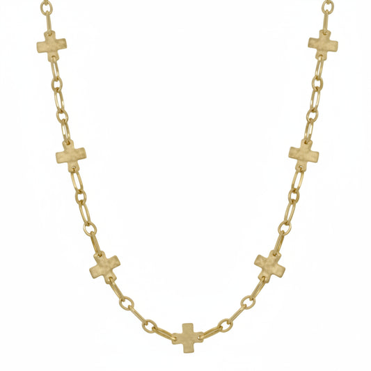 Cat Gold Necklace with evenly spaced small cross-shaped charms on oval links. Available in multiple sizes.