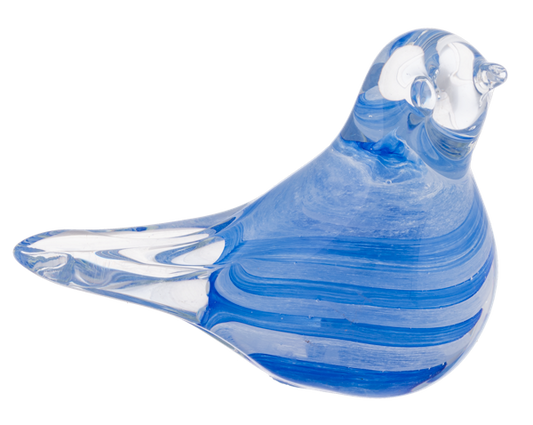 Handmade Blue & Ivory Art Glass Bird with swirling blue on clear glass, rounded body, smooth curves. Sizes: Small, Medium.