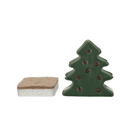 Stoneware Christmas Tree Shaped Sponge Holder w/Sponge