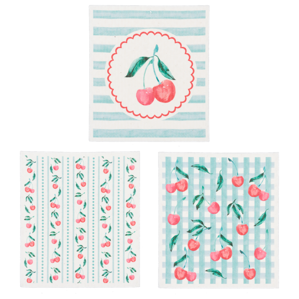 Set of three Cherry Reusable Dish Cloths, assorted cherry patterns. Sizes available: 6.75" x 8".