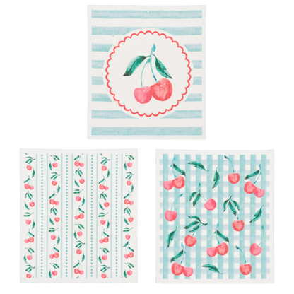 Set of three Cherry Reusable Dish Cloths, assorted cherry patterns. Sizes available: 6.75" x 8".