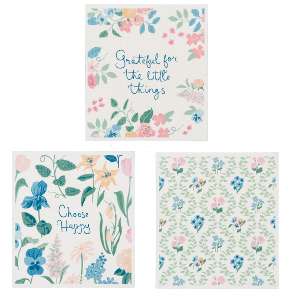 Cottagecore Floral Reusable Dish Cloths, square, with quotes and floral print. Sizes available: small, medium, large.