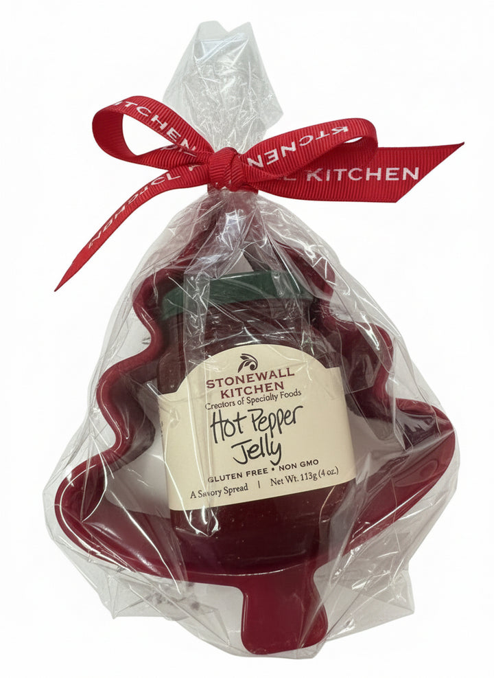 Tree Ramekin Jelly set, including hot pepper jelly in a red Christmas tree-shaped ramekin.