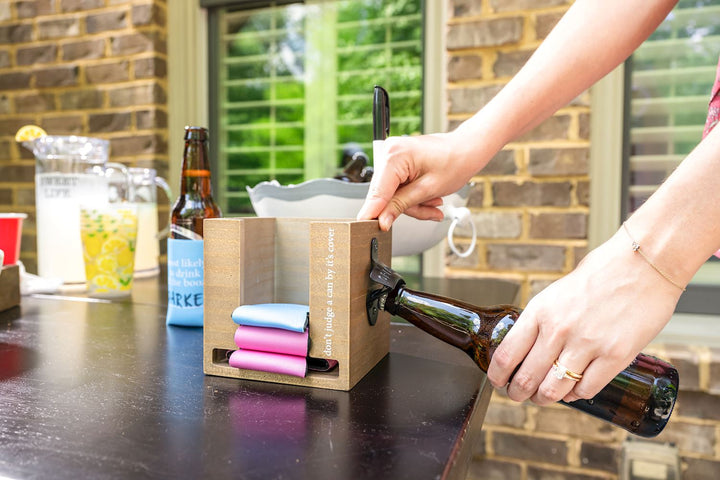 Brown bottle wrapped in Can Hugger Party Set item; available in multiple sizes.