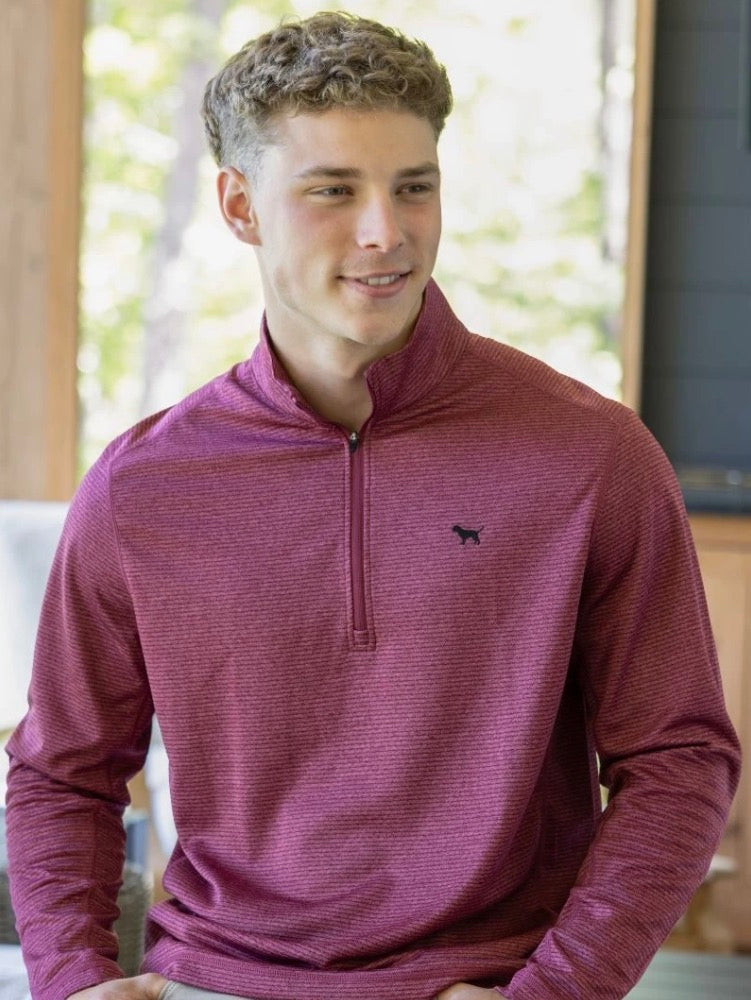 Oxblood quarter-zip tech pullover with horizontal stripes and dog logo. Available in all sizes.
