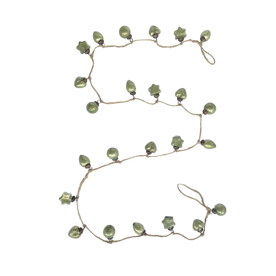 Embossed recycled olive green mercury glass star, heart, and teardrop ornaments on twine.
