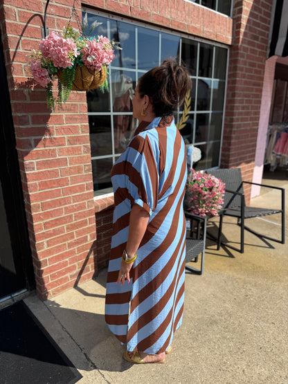 Riverwood Stripe Midi Dress with blue and brown stripes, available in sizes XS–XL.