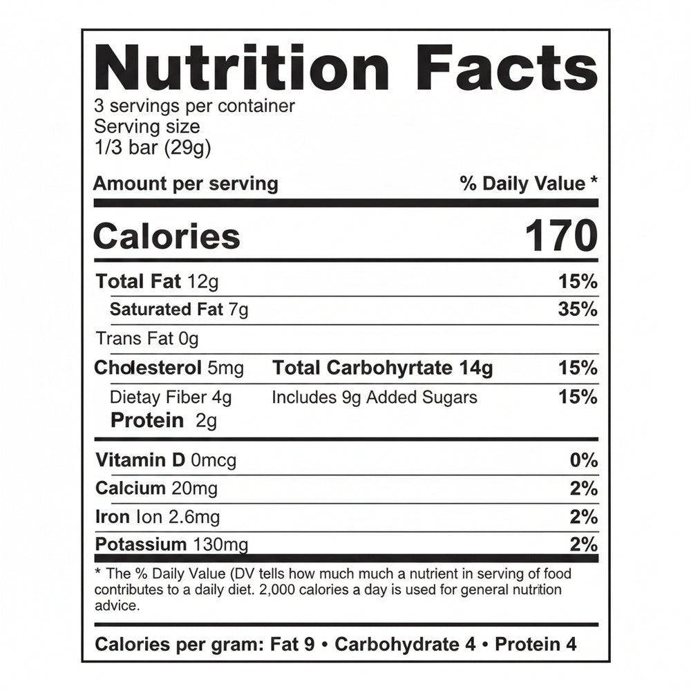 Nutrition facts for Salty Dog Chocolate Bars, 29g (1/3 bar): 170 cal, 12g fat, 14g carbs, 2g protein, daily value shown.