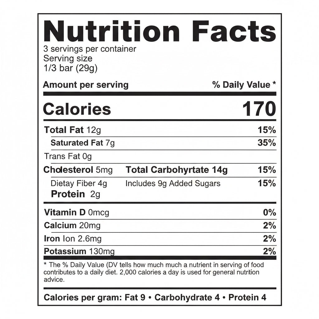 Nutrition facts for Salty Dog Chocolate Bars, 29g (1/3 bar): 170 cal, 12g fat, 14g carbs, 2g protein, daily value shown.