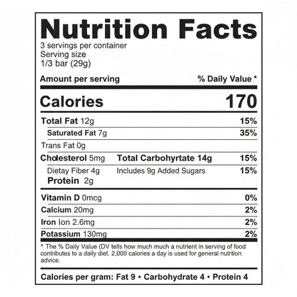 Nutrition facts for Salty Dog Chocolate Bars, 29g (1/3 bar): 170 cal, 12g fat, 14g carbs, 2g protein, daily value shown.