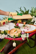 Double Dipper bowl, snack-filled, with attachable wooden lid. Available in small, medium, and large sizes.