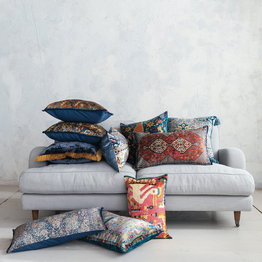 20” Square Cotton Blend Velvet Printed Pillow in vintage carpet pattern; available in 20” size.