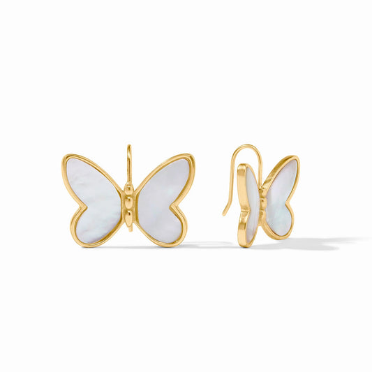 Papillon Earring Mother of Pearl: butterfly shape, 24K gold plating, luminous inlays. Sizes: S, M, L.