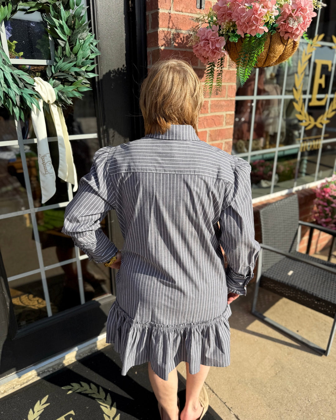 Long-sleeved Drop Waist Shift Dress with ruffled stripes. Available in sizes XS-XL.