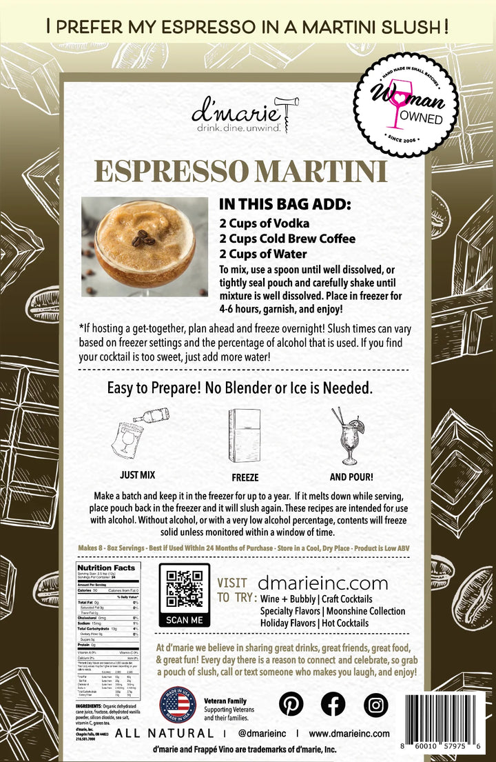 Back of d’marie Espresso Martini Drink Mix 10 oz bag with prep steps, ingredients, nutrition details, and woman-owned highlight.