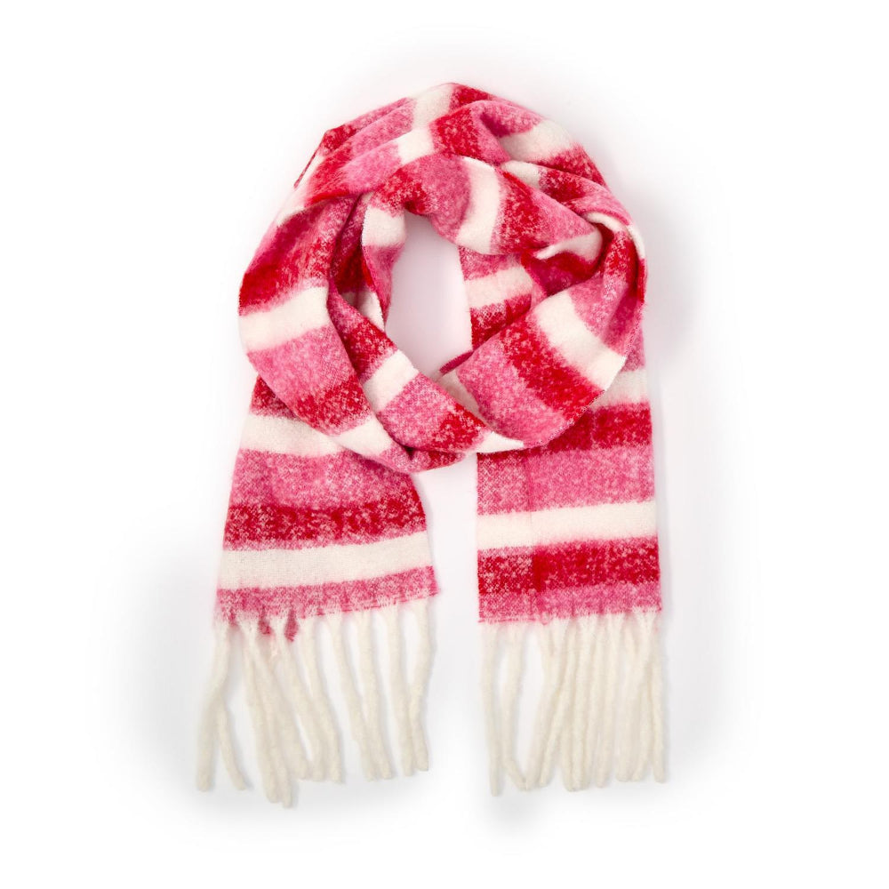 Soft blush pink scarf with wide pink and white stripes, long white fringe on both ends. Available in multiple sizes.