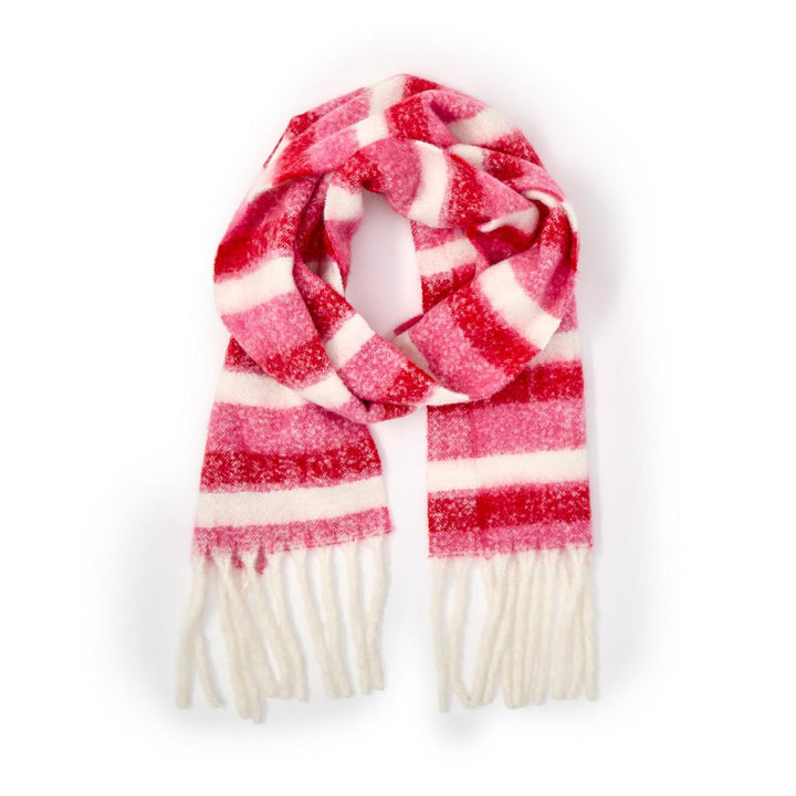 Soft blush pink scarf with wide pink and white stripes, long white fringe on both ends. Available in multiple sizes.