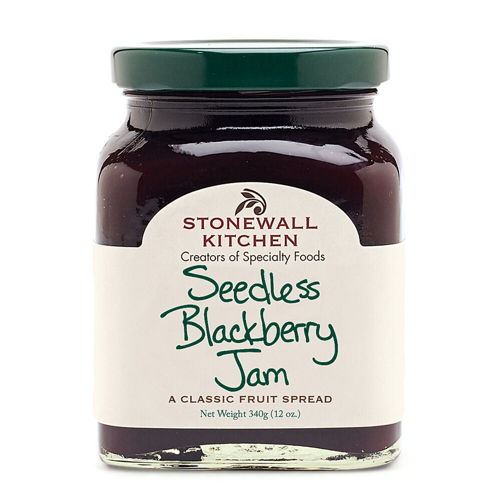 Seedless Black Jam, 12oz jar, green lid, white label. Label: "A Classic Fruit Spread. Net Weight 340g (12 oz).