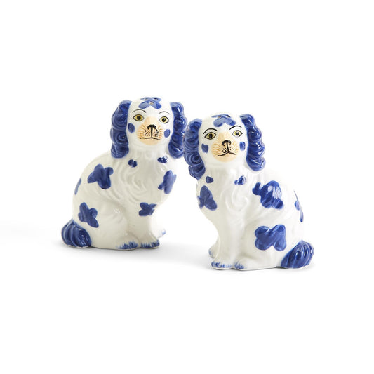 Set of two ceramic Staffordshire Dog shakers with blue spots, gold faces, expressive eyes. Available in small and large sizes.