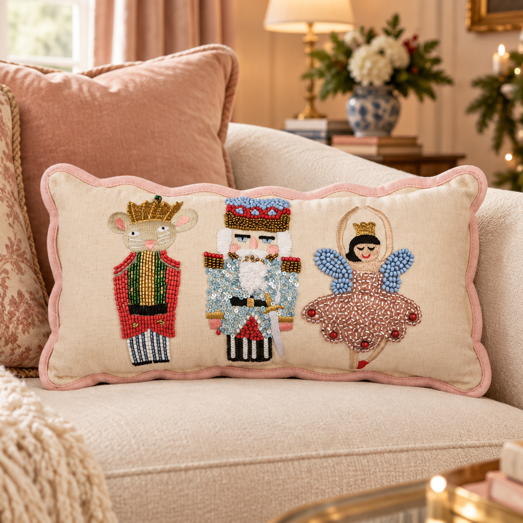 Rectangular Nutcracker beaded pillow with mouse, nutcracker, and ballerina embroidery and pink piping.