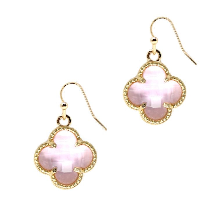 Gold hook earrings with pink clover mother-of-pearl quatrefoil pendants, textured gold border. Sizes: small, medium, large.