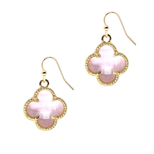 Gold hook earrings with pink clover mother-of-pearl quatrefoil pendants, textured gold border. Sizes: small, medium, large.