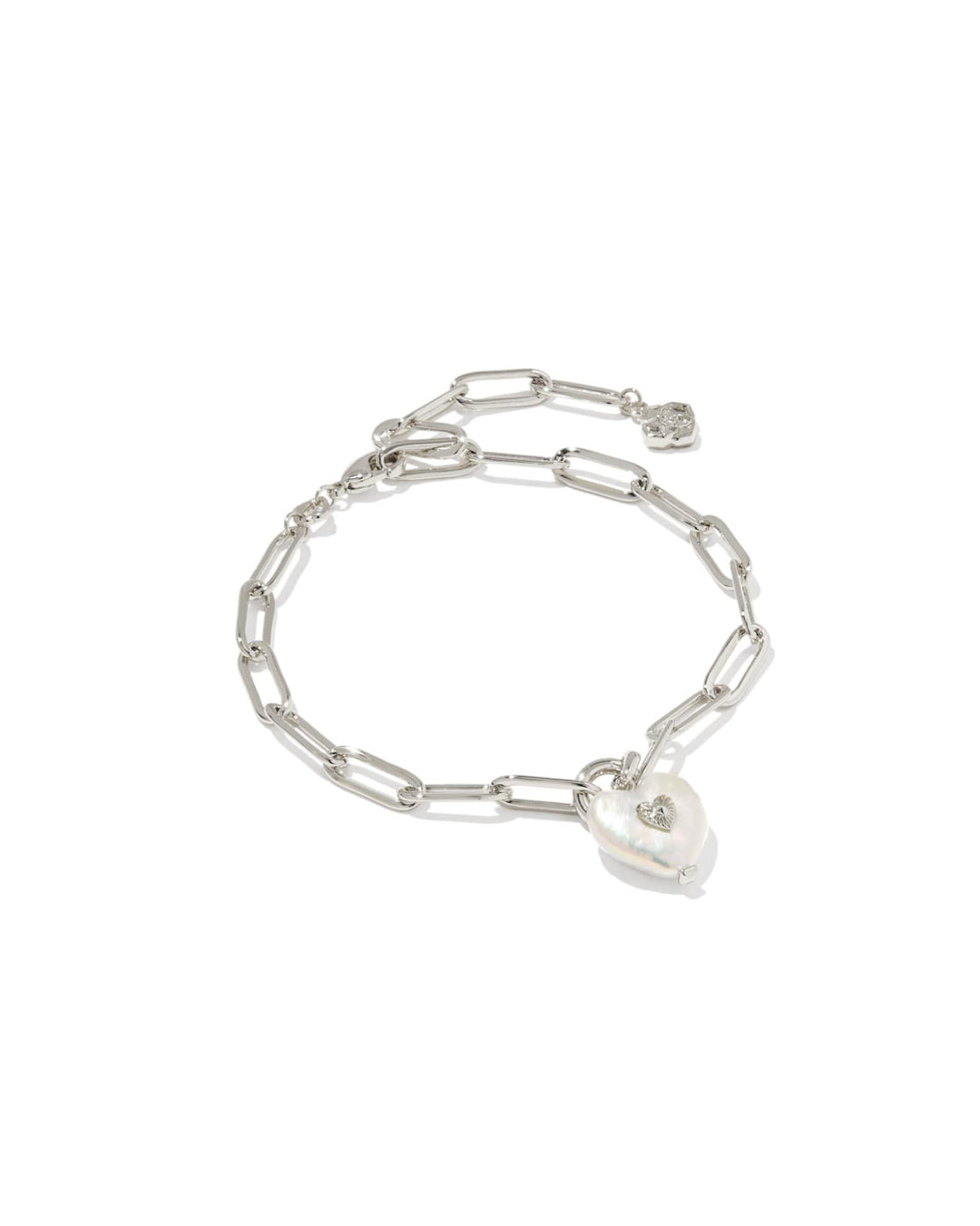 Silver chain bracelet with elongated links, white heart charm, and freshwater pearl. Available sizes: S, M, L.