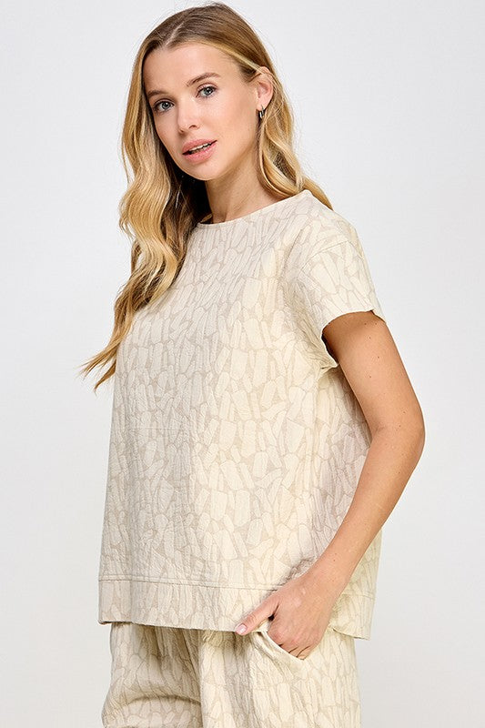 Jacquard Linen Lounge Set in light beige with subtle abstract pattern, available in sizes XS–XL.