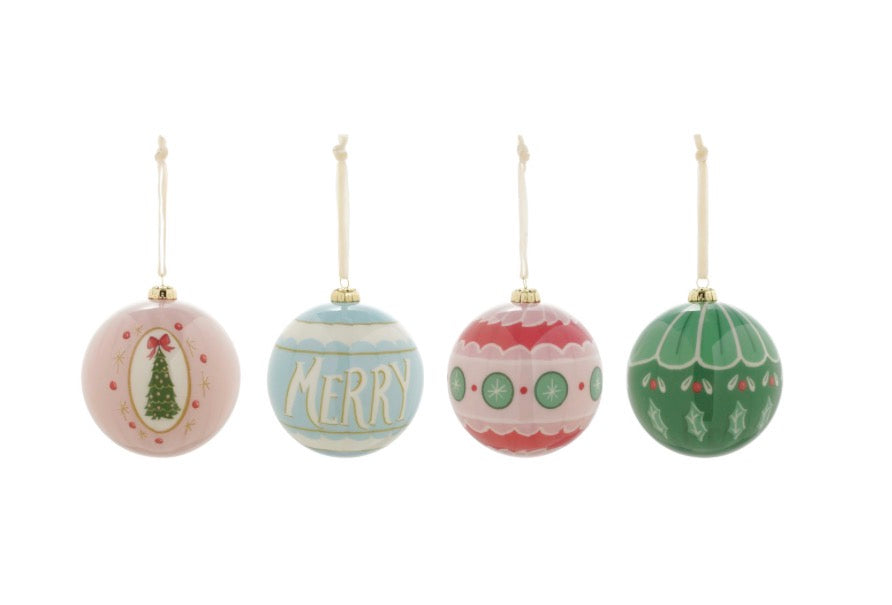 Set of four Decoupage Ball Ornaments, each with unique festive designs in red, green, pink, and blue; available in multiple sizes.