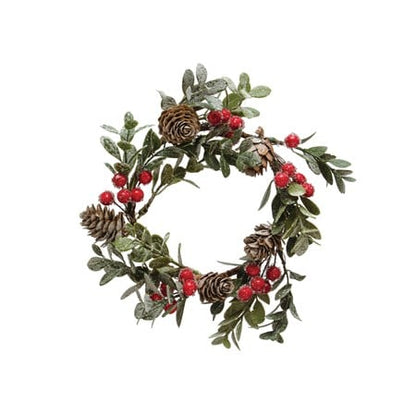 Round 4” Faux Boxwood Wreath w/ Pinecones & Red Berries