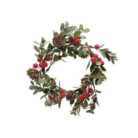 Round 4” Faux Boxwood Wreath w/ Pinecones & Red Berries