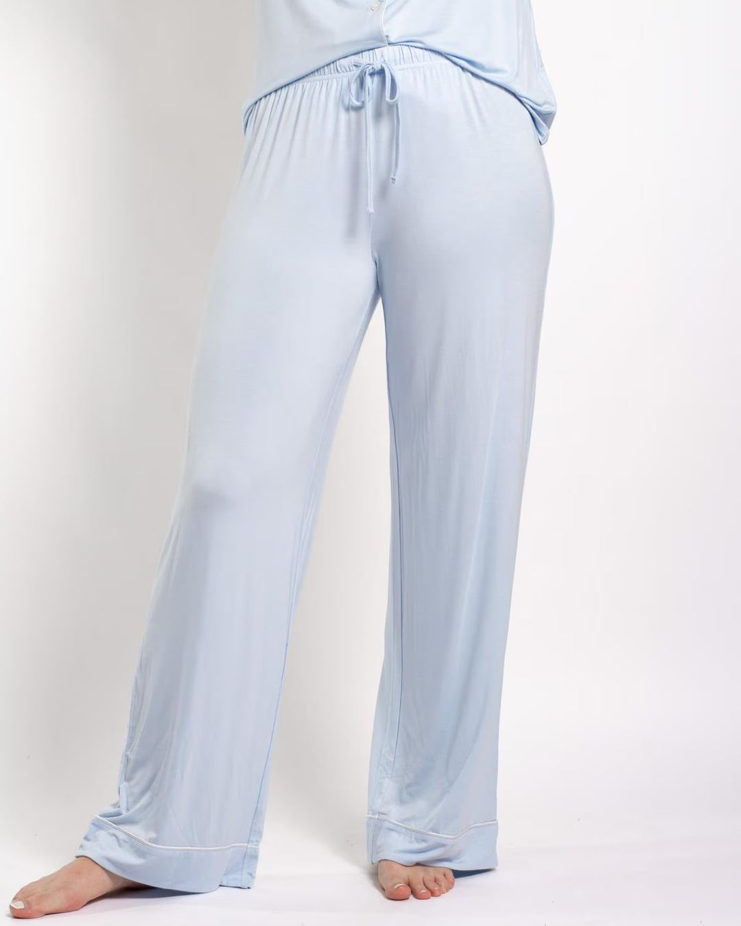 Emily Short Sleeve Button Up and Sleep Pant Set in light blue. Available in sizes XS-XL.