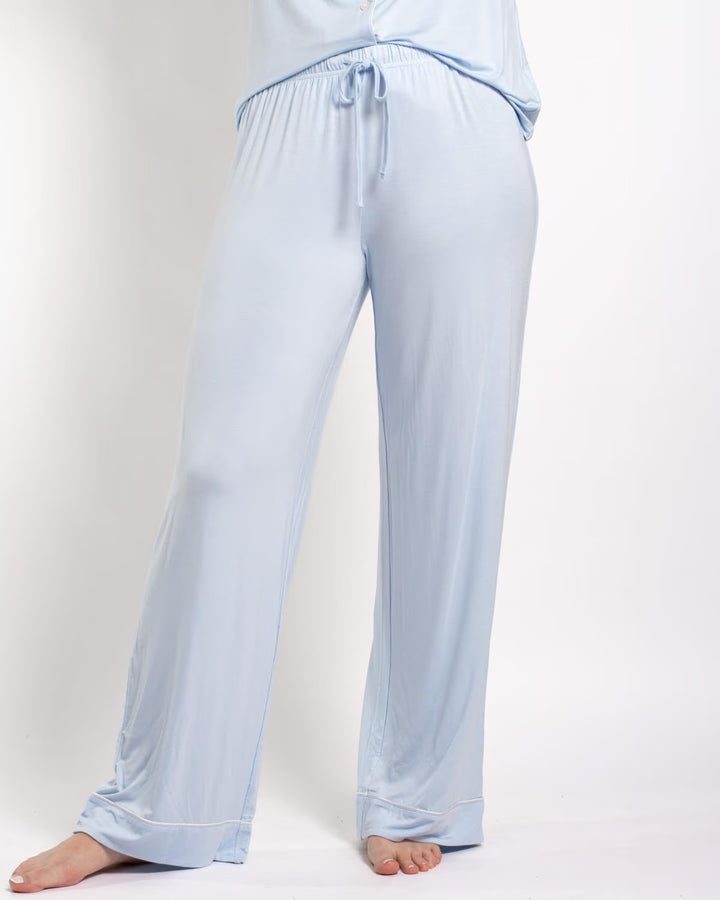 Emily Short Sleeve Button Up and Sleep Pant Set in light blue. Available in sizes XS-XL.