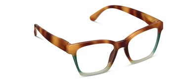 Rectangular blue light glasses in brown and amber tortoiseshell fading to green, anti-reflective. Available in S, M, L.