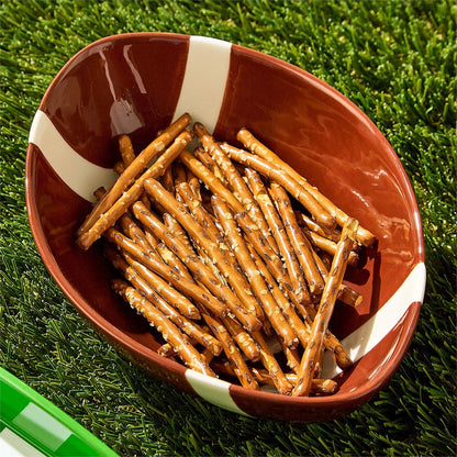 Brown and white Football Tidbit Bowl, available in small and large sizes.