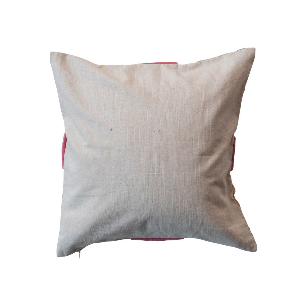 16" square cotton pillow with a patterned cover and velvet appliqué bow. Size available: 16".