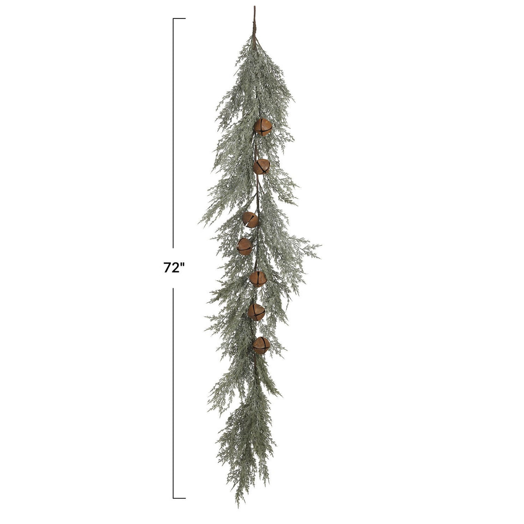 72-inch Faux Cedar Garland with rust-finished metal bells.