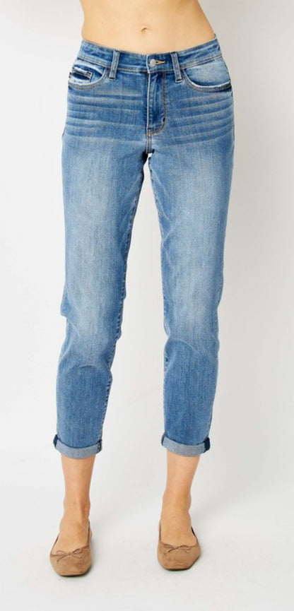Midrise, cuffed, slim jeans, brand Judy blue washed denim