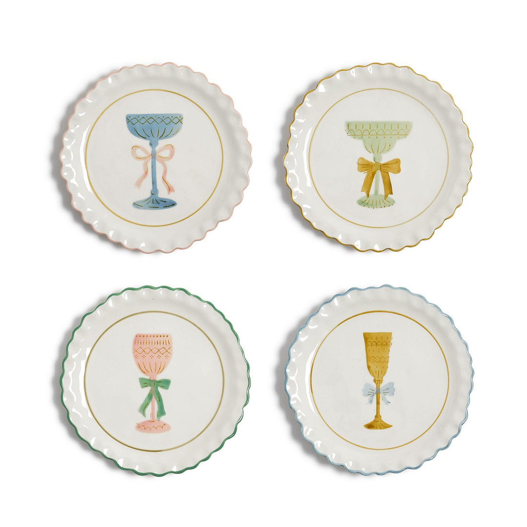 Four white scalloped-edge Cheers Tidbit Plates in 4 styles, each with a stemmed glass and bow illustration.