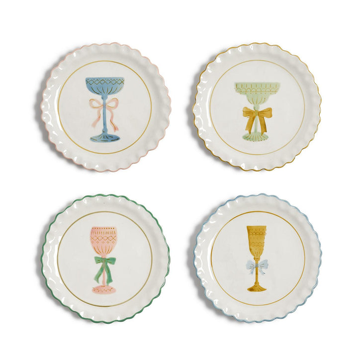 Four white scalloped-edge Cheers Tidbit Plates in 4 styles, each with a stemmed glass and bow illustration.