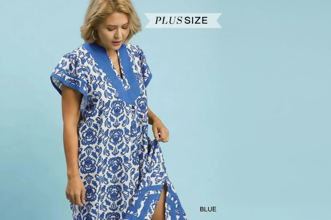 Blue Abstract Two Tone Print Midi Dress with a stylish slit; available in plus sizes.