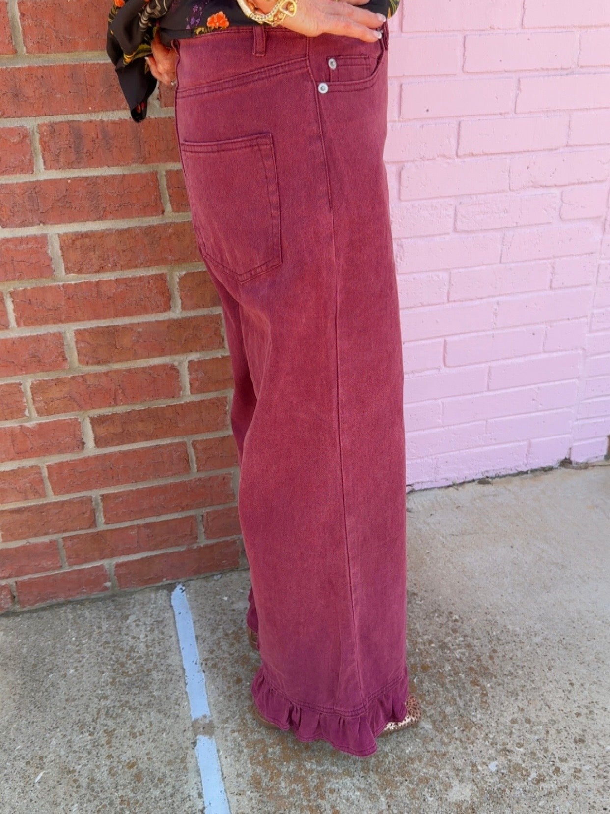 Mineral Washed Ruffle Hem Wide Leg Pants in dark pink; available in sizes S-XL.