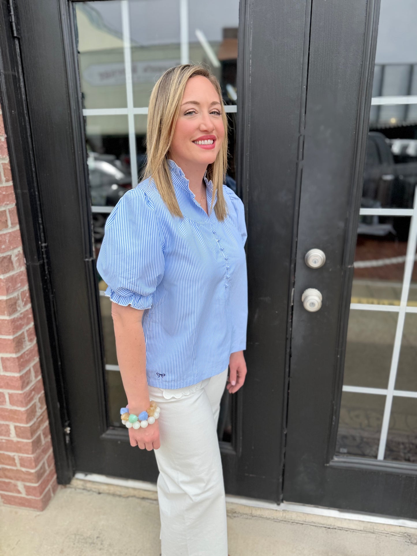 Seersucker Blue Striped Top, available in sizes XS–XL.
