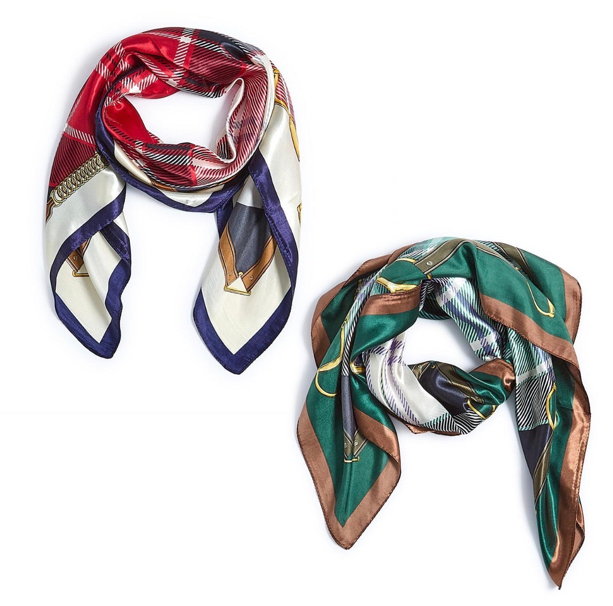 Two Tartan Silk Scarves available in red/navy/gold and green/brown/black with gold accents. Available sizes: standard silk scarf.