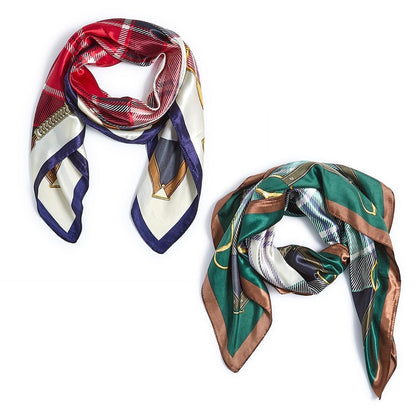 Two Tartan Silk Scarves available in red/navy/gold and green/brown/black with gold accents. Available sizes: standard silk scarf.