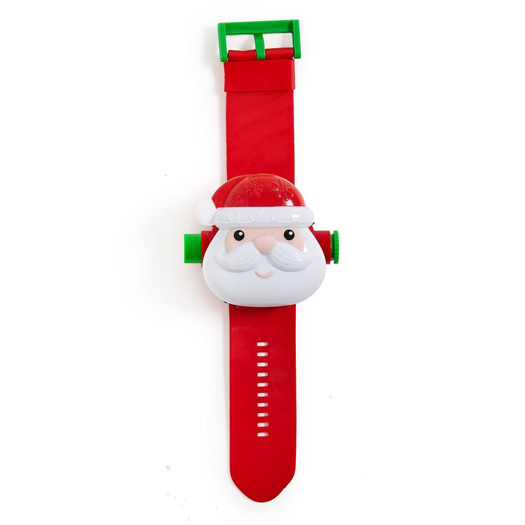 Santa Projector Watch with red digital character display and green buckle.