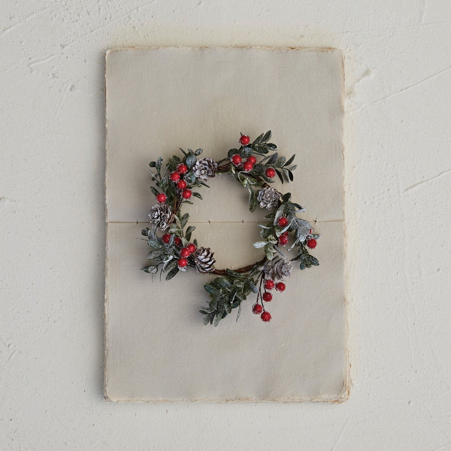 Round 4” Faux Boxwood Wreath w/ Pinecones & Red Berries