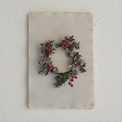 Round 4” Faux Boxwood Wreath w/ Pinecones & Red Berries